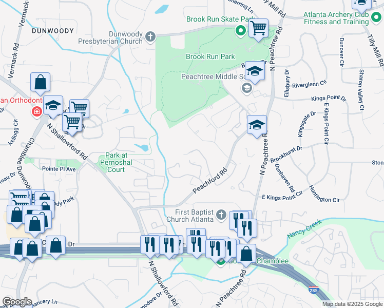 map of restaurants, bars, coffee shops, grocery stores, and more near 909 Dunbar Drive in Dunwoody