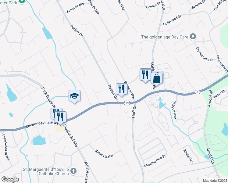 map of restaurants, bars, coffee shops, grocery stores, and more near 274 Paden Cove Trail in Lawrenceville