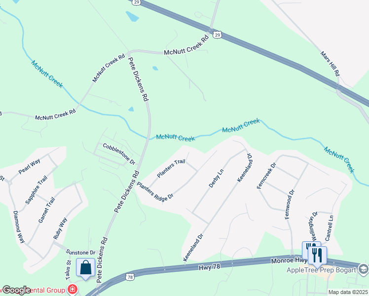 map of restaurants, bars, coffee shops, grocery stores, and more near 1031 Quail Ridge Way in Bogart