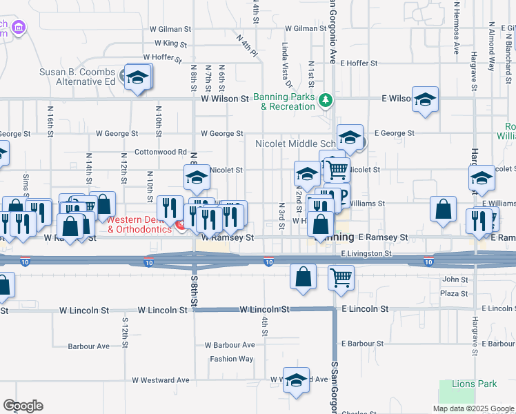 map of restaurants, bars, coffee shops, grocery stores, and more near 181 North 4th Street in Banning