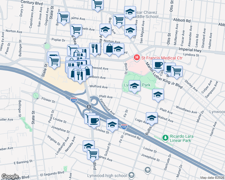 map of restaurants, bars, coffee shops, grocery stores, and more near 3566 Mulford Avenue in Lynwood