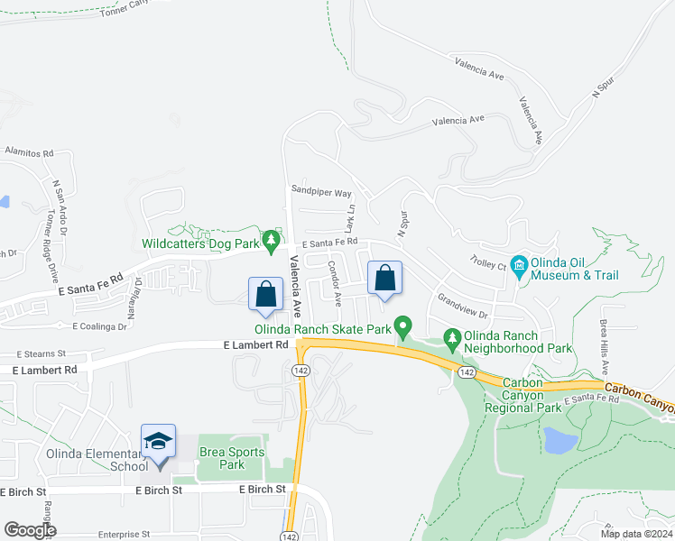 map of restaurants, bars, coffee shops, grocery stores, and more near 542 Condor Avenue in Brea