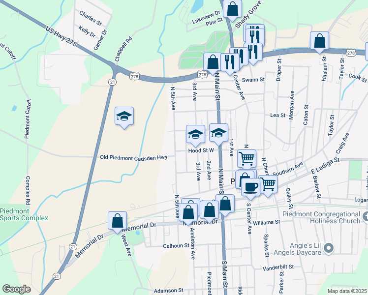 map of restaurants, bars, coffee shops, grocery stores, and more near 602 Hood Street West in Piedmont