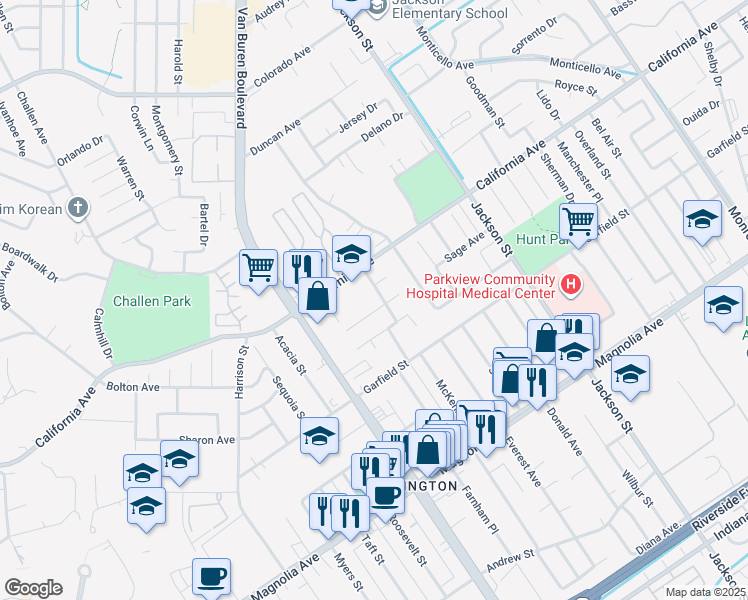 map of restaurants, bars, coffee shops, grocery stores, and more near 4150 Macarthur Road in Riverside