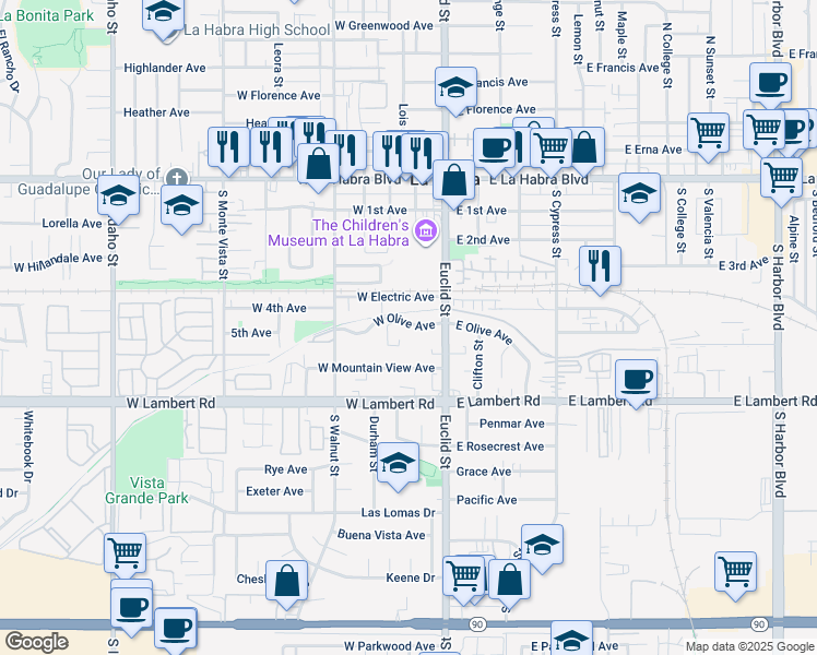 map of restaurants, bars, coffee shops, grocery stores, and more near 218 West Olive Avenue in La Habra