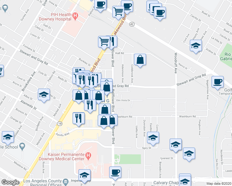 map of restaurants, bars, coffee shops, grocery stores, and more near 11926 Bellflower Boulevard in Downey
