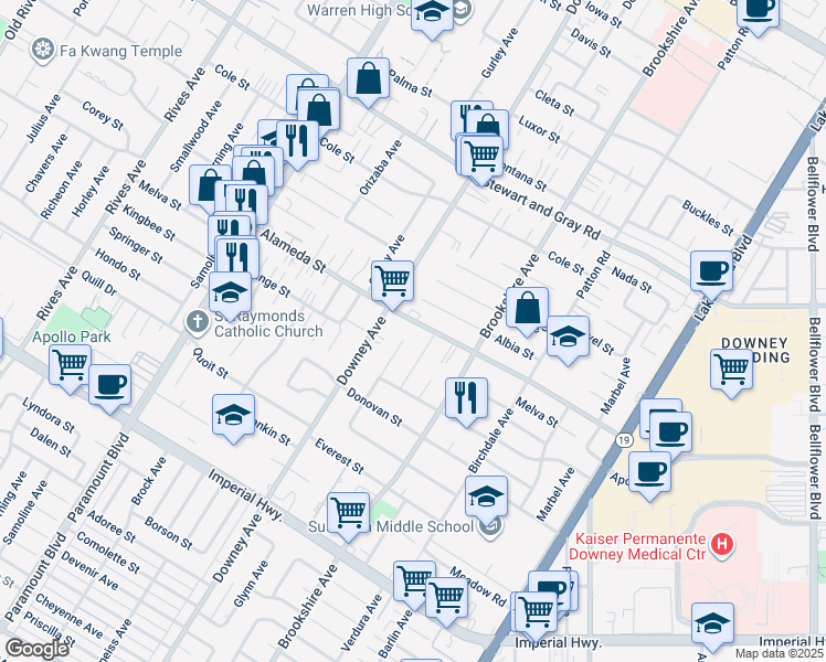 map of restaurants, bars, coffee shops, grocery stores, and more near 12221 Glynn Avenue in Downey