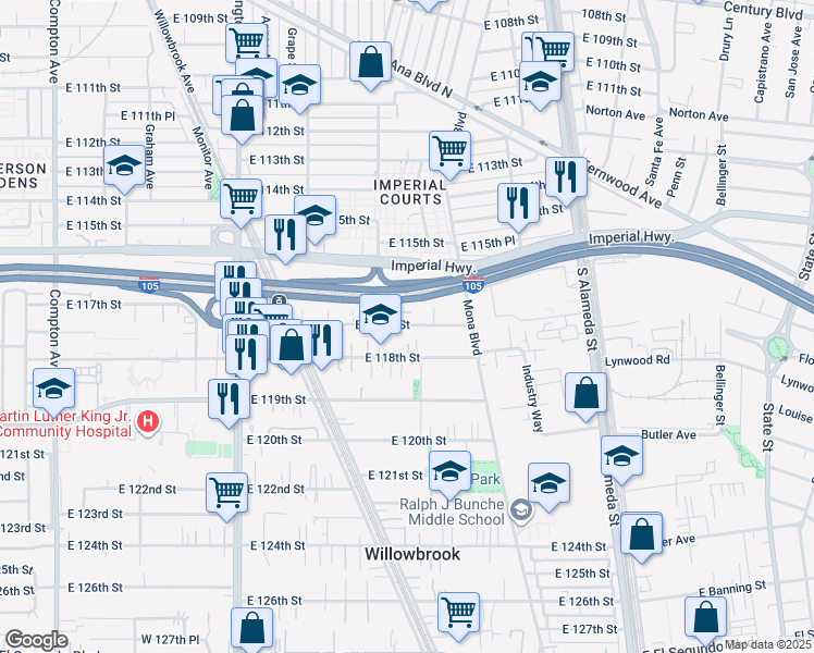 map of restaurants, bars, coffee shops, grocery stores, and more near 2216 East 117th Street in Los Angeles