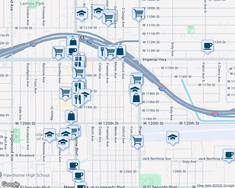 map of restaurants, bars, coffee shops, grocery stores, and more near 4132 West 118th Street in Hawthorne