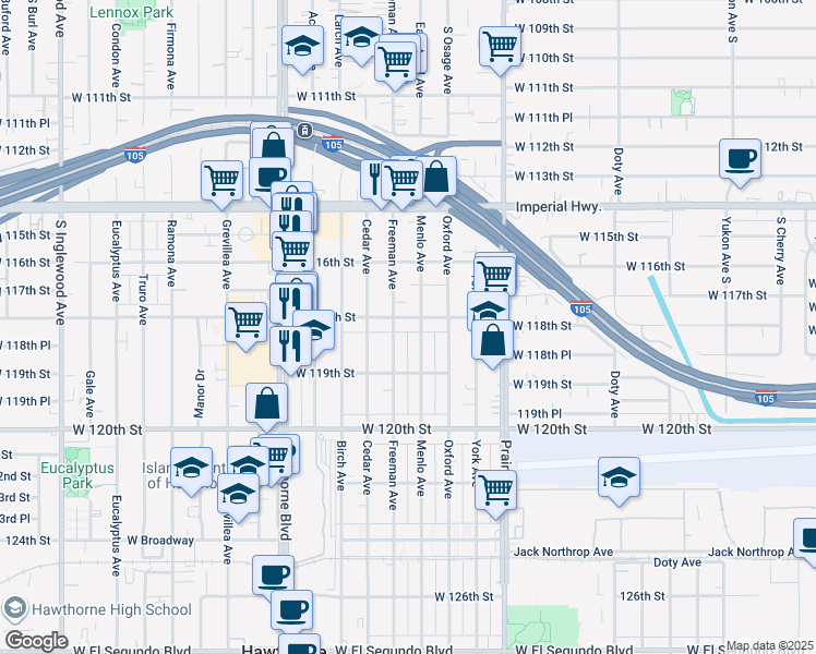map of restaurants, bars, coffee shops, grocery stores, and more near 4132 West 118th Street in Hawthorne