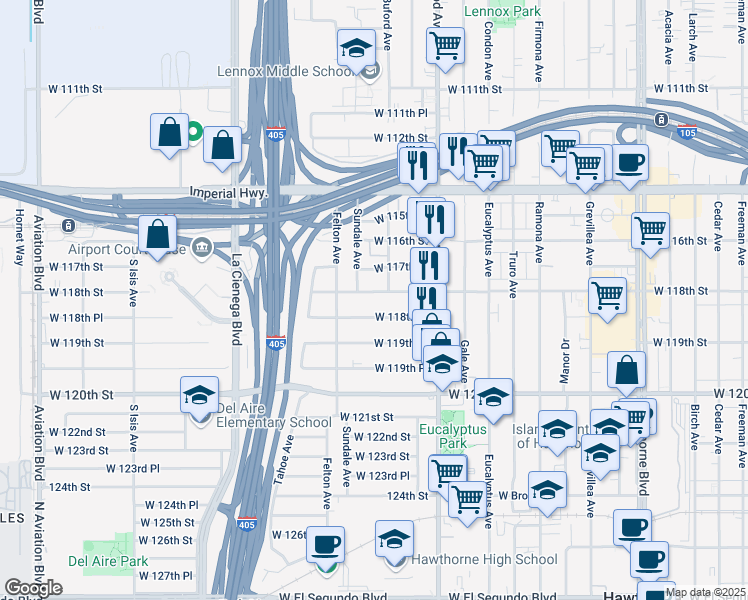 map of restaurants, bars, coffee shops, grocery stores, and more near 4860 West 118th Street in Hawthorne