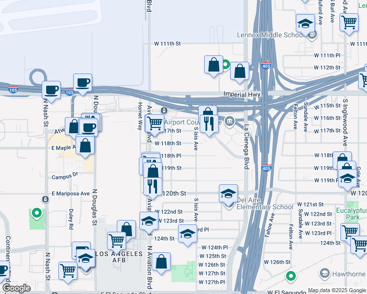 map of restaurants, bars, coffee shops, grocery stores, and more near 5430 West 118th Street in Inglewood