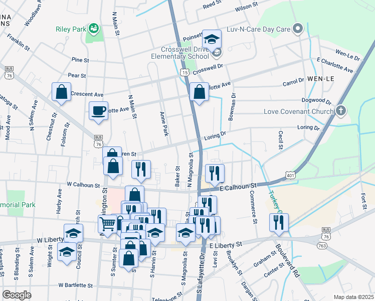 map of restaurants, bars, coffee shops, grocery stores, and more near 352 North Magnolia Street in Sumter