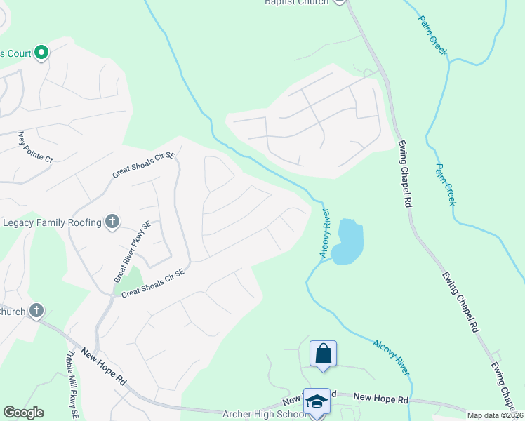 map of restaurants, bars, coffee shops, grocery stores, and more near 1572 Great Shoals Drive Southeast in Lawrenceville