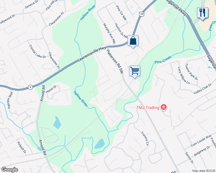 map of restaurants, bars, coffee shops, grocery stores, and more near 1905 Patterson Court in Lawrenceville