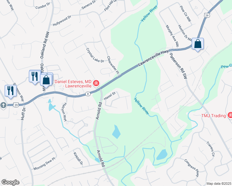 map of restaurants, bars, coffee shops, grocery stores, and more near 2090 Hasel Street in Lawrenceville