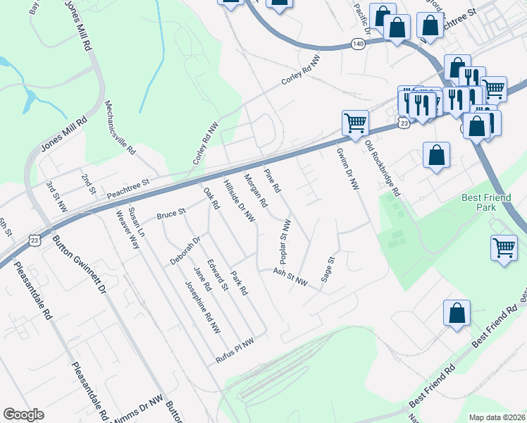 map of restaurants, bars, coffee shops, grocery stores, and more near 5920 Morgan Road in Doraville