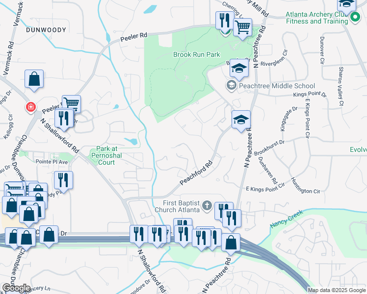 map of restaurants, bars, coffee shops, grocery stores, and more near 909 Dunbar Drive in Dunwoody