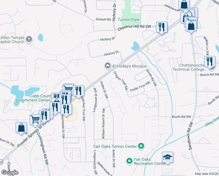 map of restaurants, bars, coffee shops, grocery stores, and more near 1028 Sugar Springs Drive Southwest in Marietta
