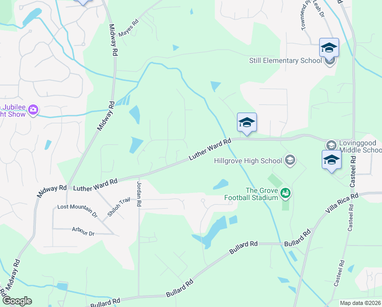 map of restaurants, bars, coffee shops, grocery stores, and more near 4250 Luther Ward Road in Powder Springs