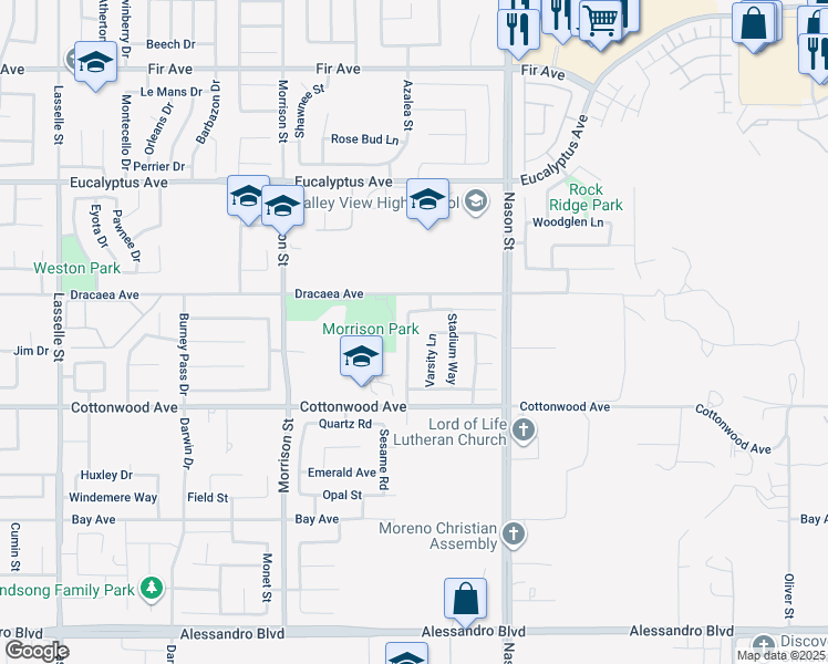 map of restaurants, bars, coffee shops, grocery stores, and more near 13340 Letterman Street in Moreno Valley
