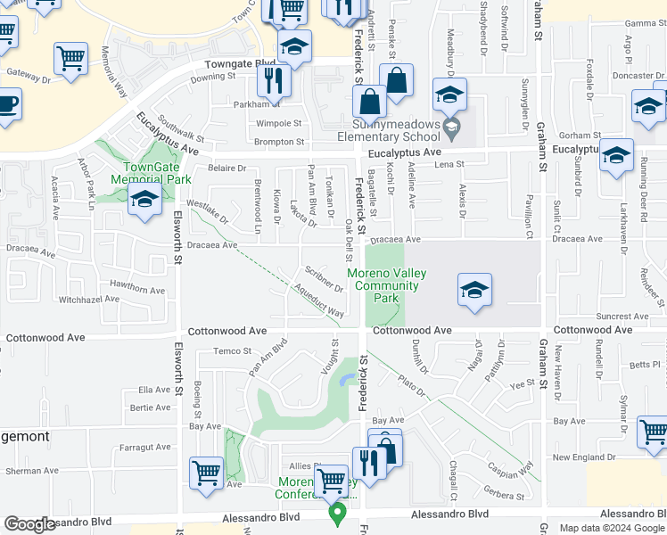 map of restaurants, bars, coffee shops, grocery stores, and more near 13306 Appleby Court in Moreno Valley