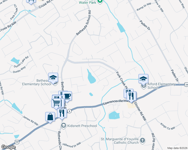 map of restaurants, bars, coffee shops, grocery stores, and more near 552 Autumn Shore Drive in Lawrenceville