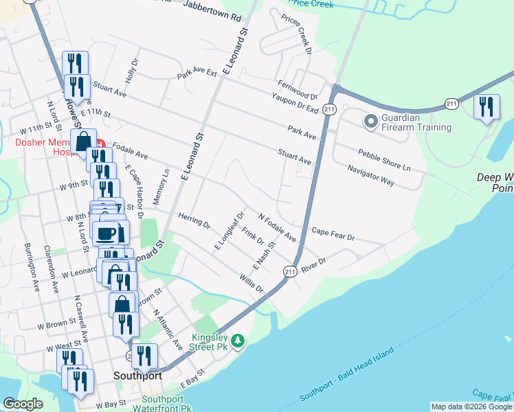 map of restaurants, bars, coffee shops, grocery stores, and more near 218 North Fodale Avenue in Southport