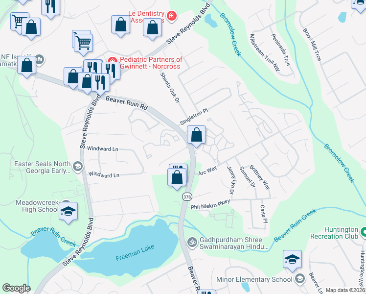 map of restaurants, bars, coffee shops, grocery stores, and more near 4170 Magnolia Glen Walk in Norcross