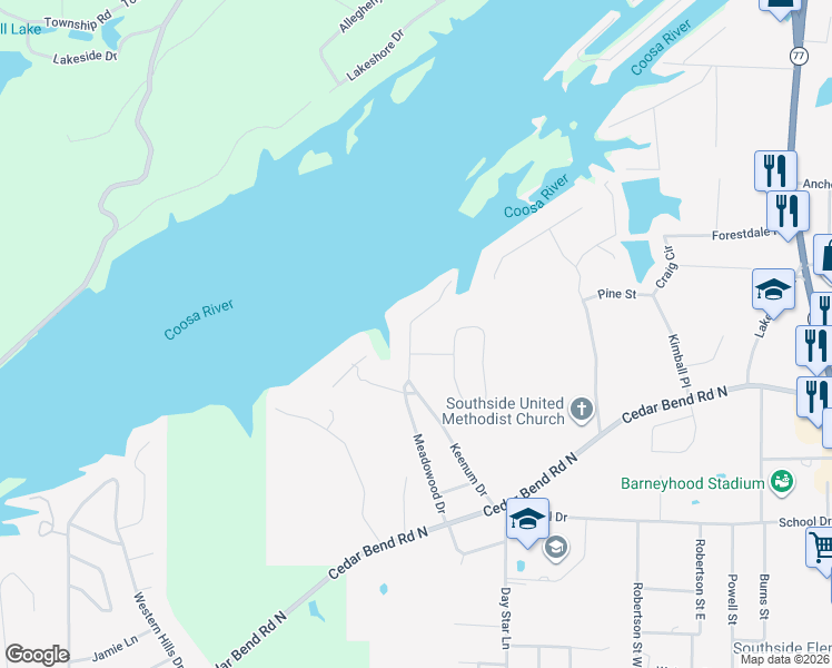 map of restaurants, bars, coffee shops, grocery stores, and more near 2085 Jane Lane in Gadsden