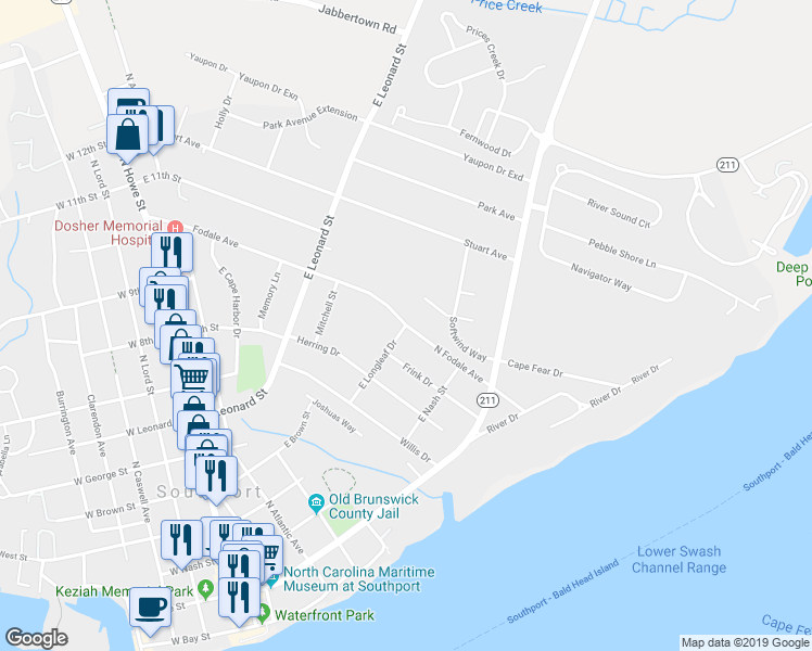 map of restaurants, bars, coffee shops, grocery stores, and more near 218 North Fodale Avenue in Southport