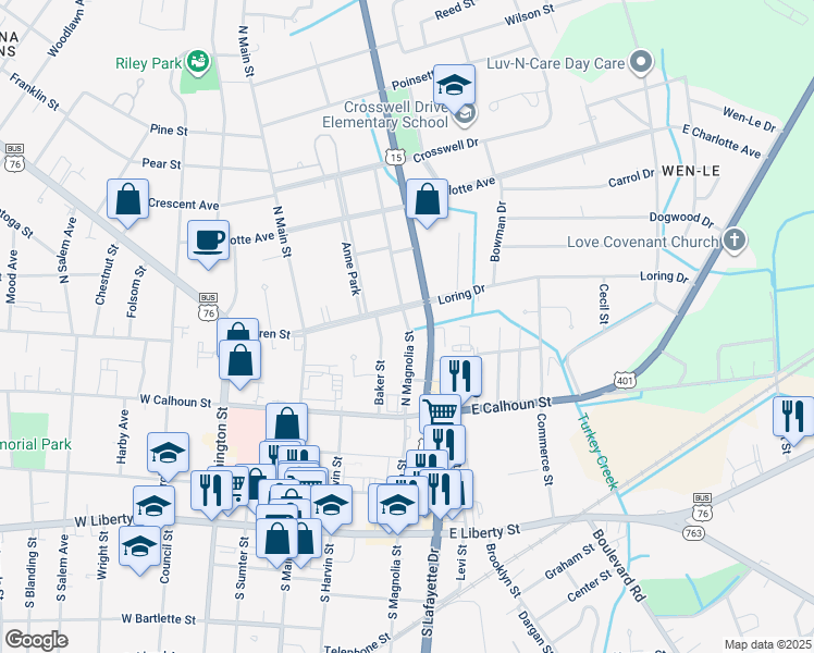 map of restaurants, bars, coffee shops, grocery stores, and more near 352 North Magnolia Street in Sumter
