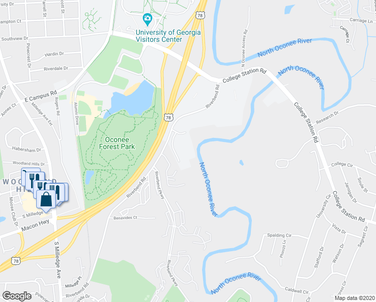 map of restaurants, bars, coffee shops, grocery stores, and more near 315 Riverbend Road in Athens
