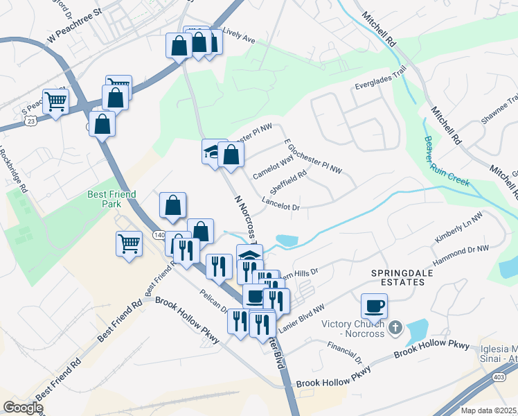 map of restaurants, bars, coffee shops, grocery stores, and more near 60 Sheffield Road in Norcross