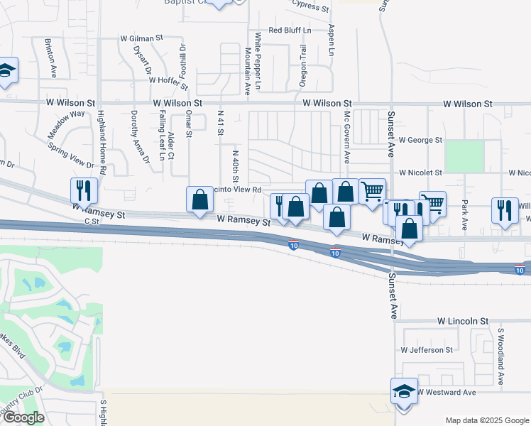 map of restaurants, bars, coffee shops, grocery stores, and more near 3911 West Ramsey Street in Banning