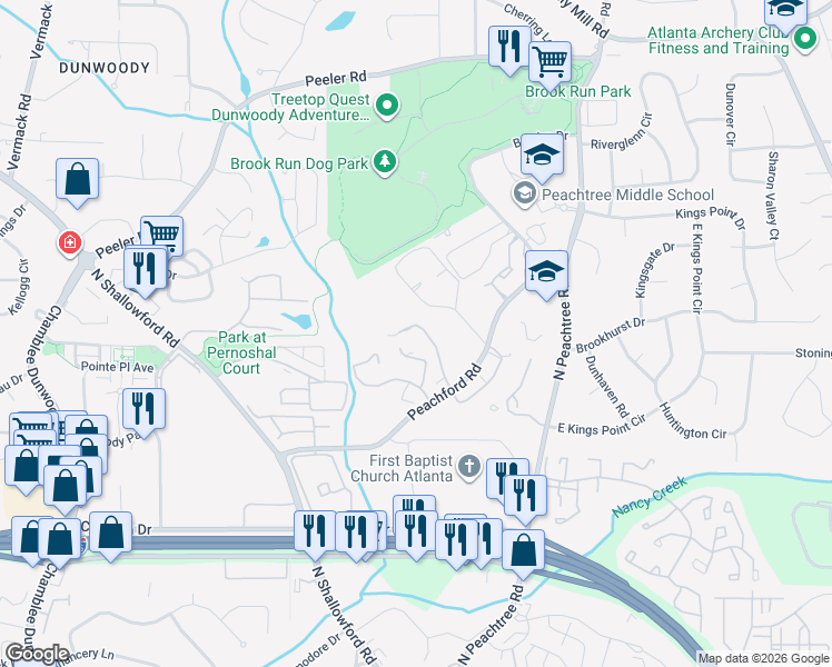 map of restaurants, bars, coffee shops, grocery stores, and more near 907 Dunbar Drive in Dunwoody