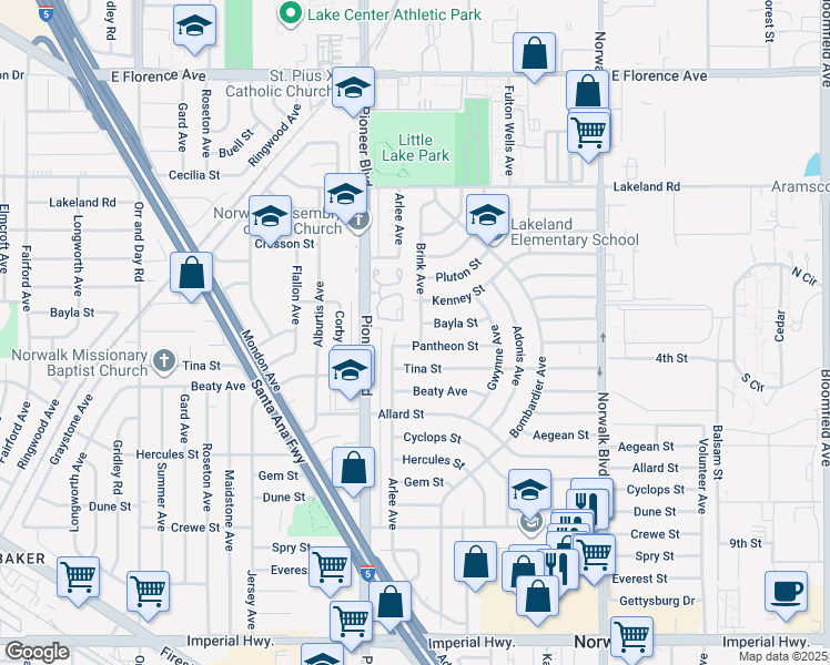 map of restaurants, bars, coffee shops, grocery stores, and more near 11435 Brink Avenue in Norwalk