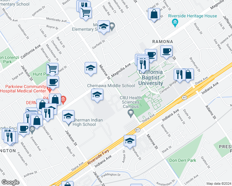 map of restaurants, bars, coffee shops, grocery stores, and more near 3704 Monroe Street in Riverside