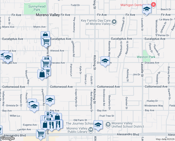 map of restaurants, bars, coffee shops, grocery stores, and more near 13358 Silver Lane in Moreno Valley