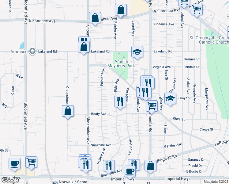 map of restaurants, bars, coffee shops, grocery stores, and more near 11503 Fidel Avenue in Whittier