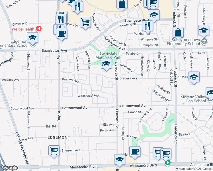 map of restaurants, bars, coffee shops, grocery stores, and more near 13341 Sassafras Street in Moreno Valley