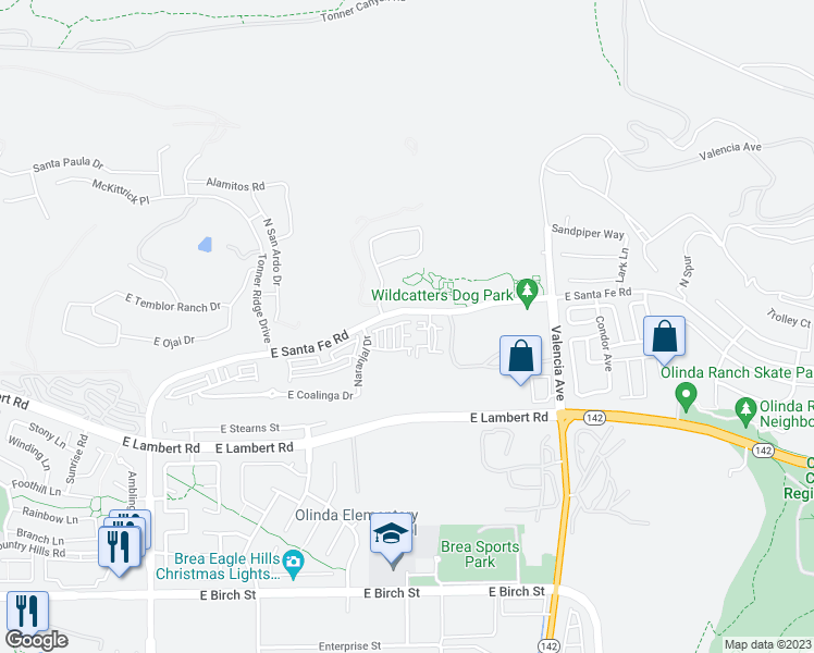 map of restaurants, bars, coffee shops, grocery stores, and more near 468 Signal Hill Court in Brea