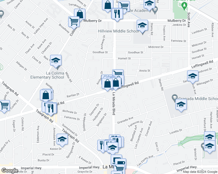 map of restaurants, bars, coffee shops, grocery stores, and more near 14939 Leffingwell Road in Whittier