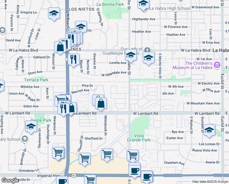 map of restaurants, bars, coffee shops, grocery stores, and more near 1341 Sunflower Avenue in La Habra