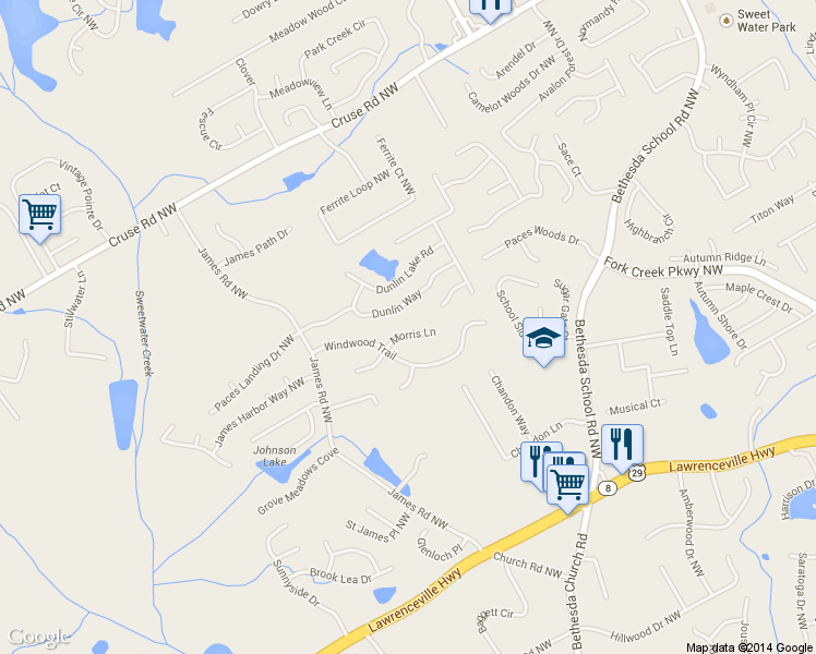 map of restaurants, bars, coffee shops, grocery stores, and more near 3051 Morris Lane in Lawrenceville