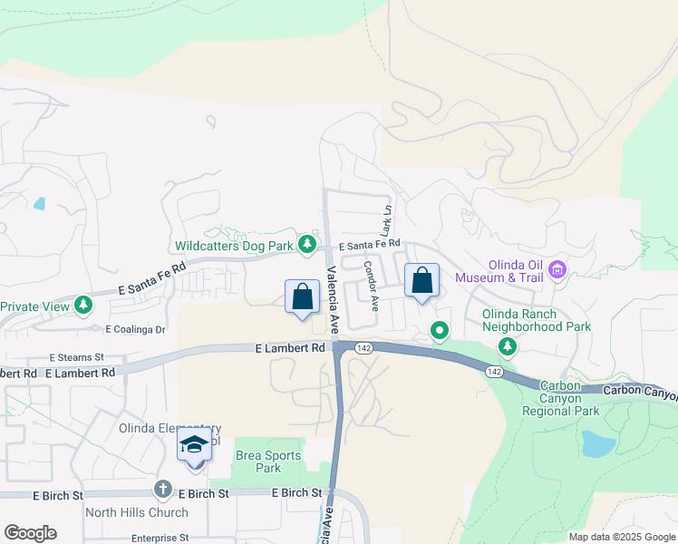 map of restaurants, bars, coffee shops, grocery stores, and more near 547 Hummingbird Drive in Brea