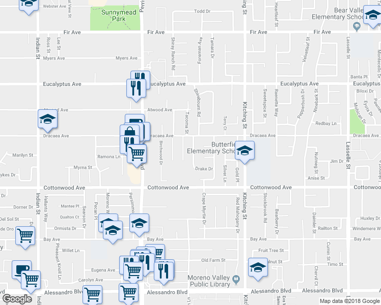 map of restaurants, bars, coffee shops, grocery stores, and more near 13337 Patricia Lane in Moreno Valley
