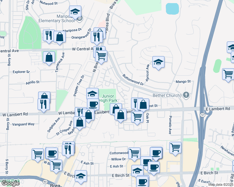 map of restaurants, bars, coffee shops, grocery stores, and more near 585 Country Lane in Brea