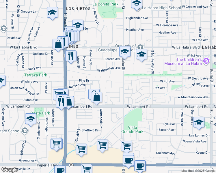 map of restaurants, bars, coffee shops, grocery stores, and more near 1341 Sunflower Avenue in La Habra