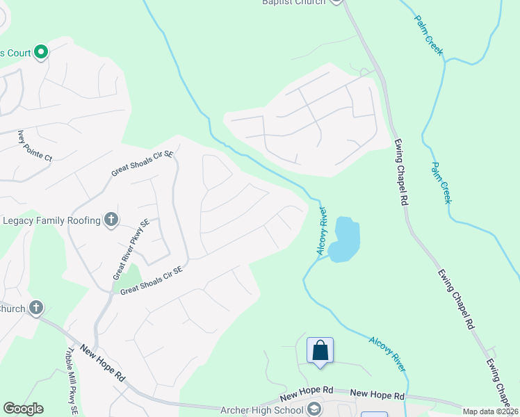 map of restaurants, bars, coffee shops, grocery stores, and more near 1572 Great Shoals Drive Southeast in Lawrenceville
